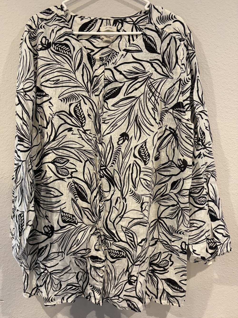 Christian Siriano Womens 100% Linen Black White Leaf Printed Button Up Top 3X